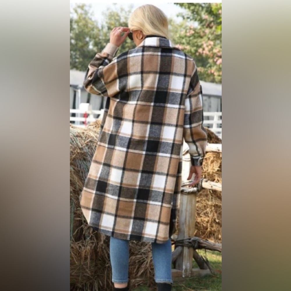 🍁New Fall🍁 Long Plaid Trench Style Coat Jacket With Front Patch Pockets - Picture 2 of 3